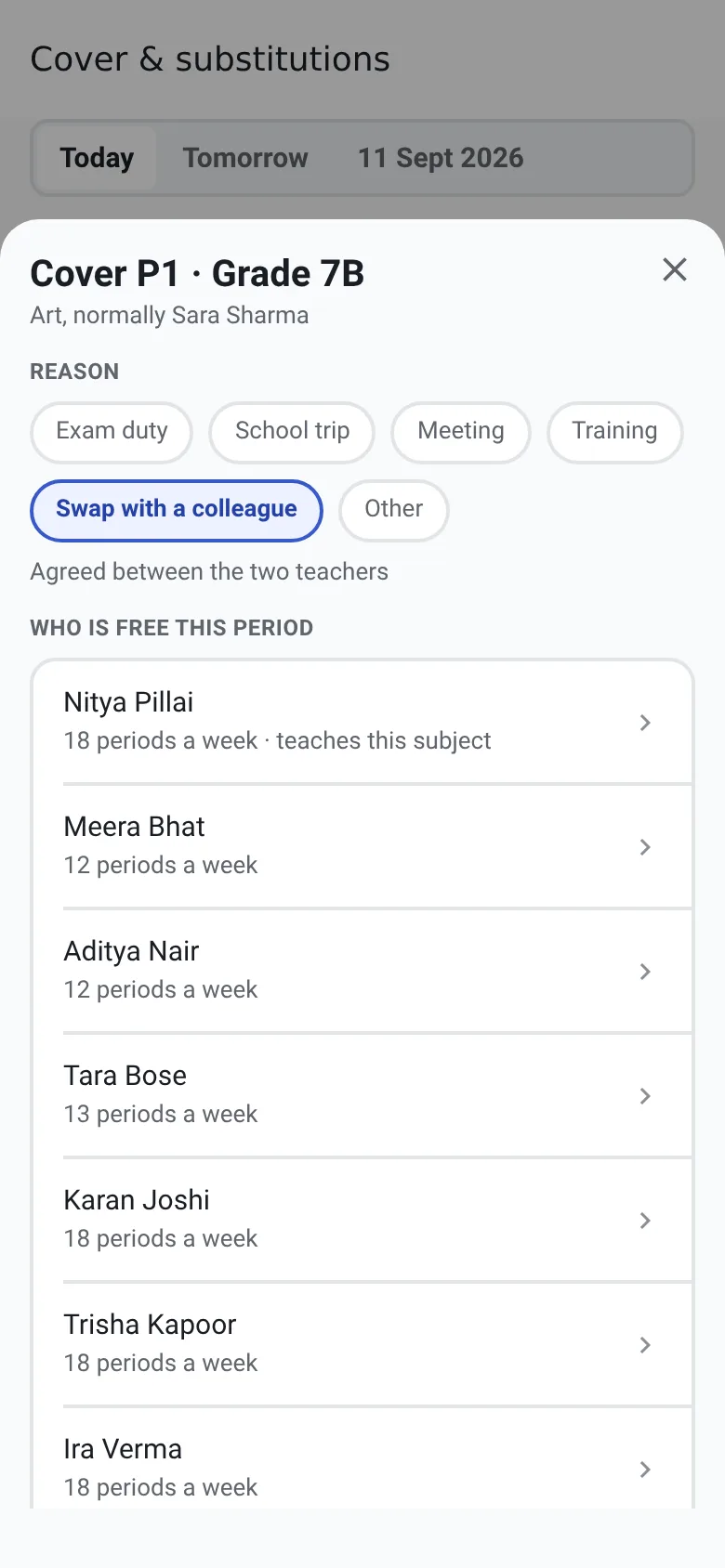 Arranging cover for Period 1, Grade 7B on the phone, with free teachers listed