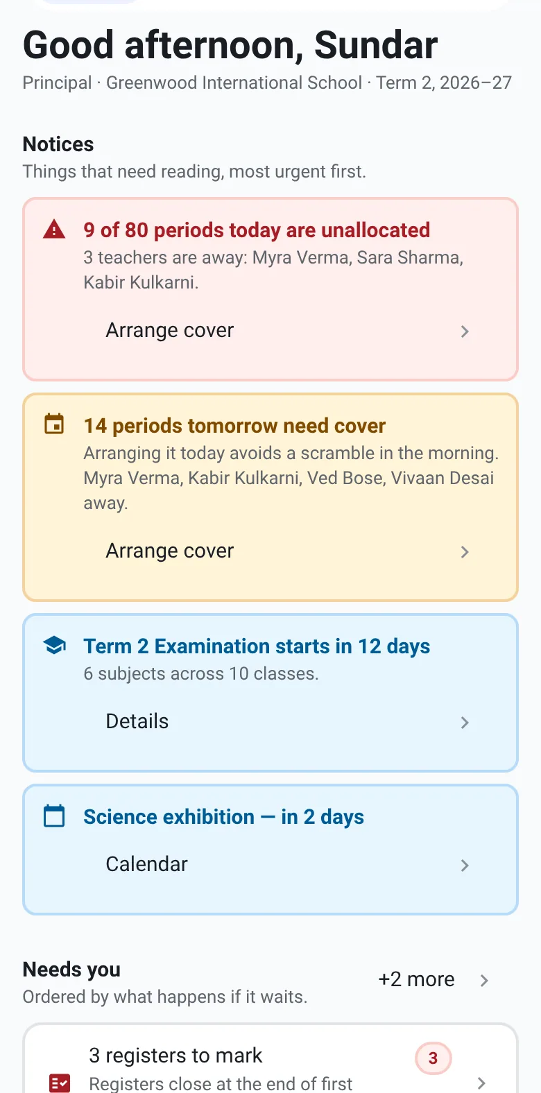 Anytime ERP on the principal’s phone: classes without a teacher, cover needed tomorrow, the next exam.