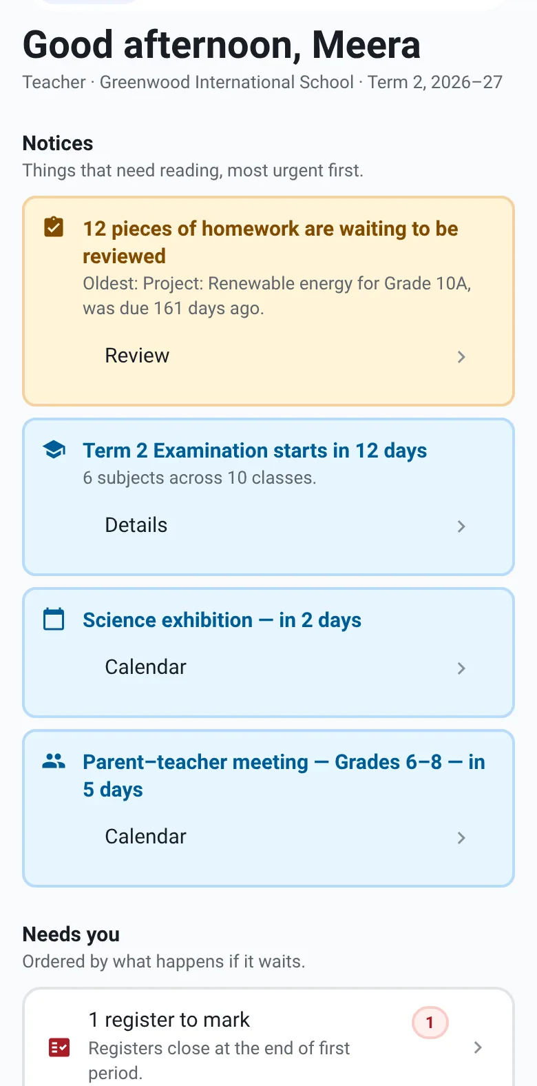 A teacher’s home screen on the phone: homework to review, exams and events.